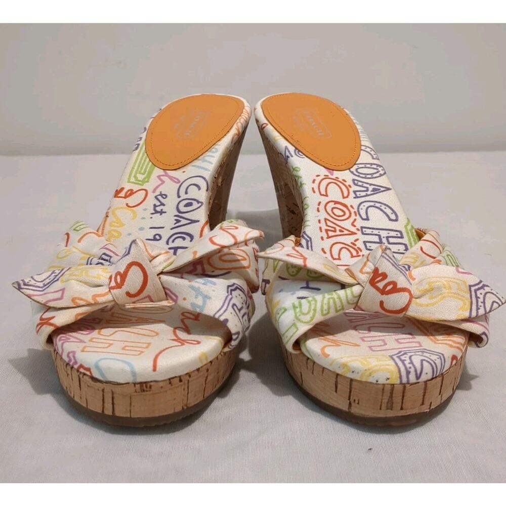 Coach Multicolor Logo Bow Cork Wedge Sandals - White Base